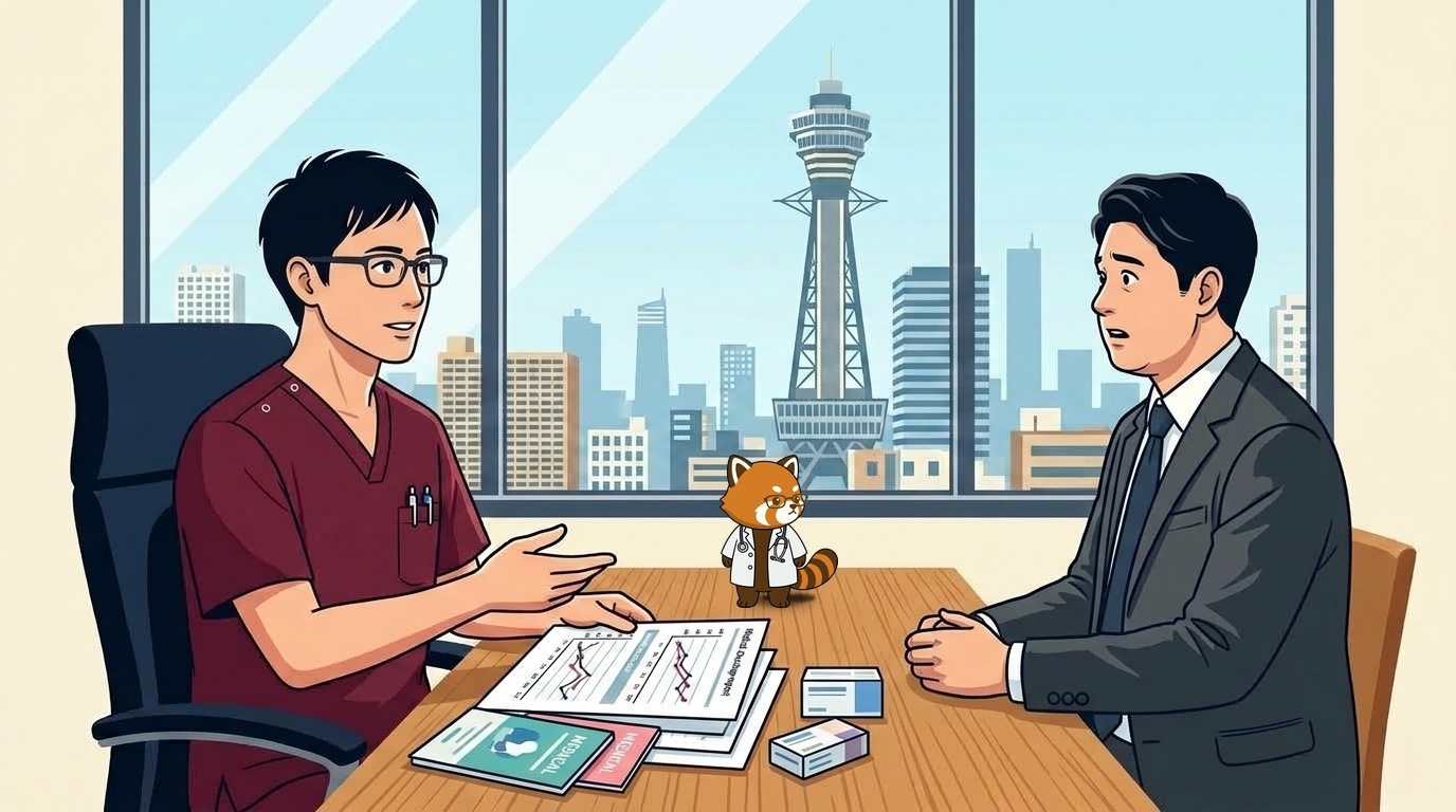 医薬品の適応外使用やマンジャロについて解説する医師のイラスト