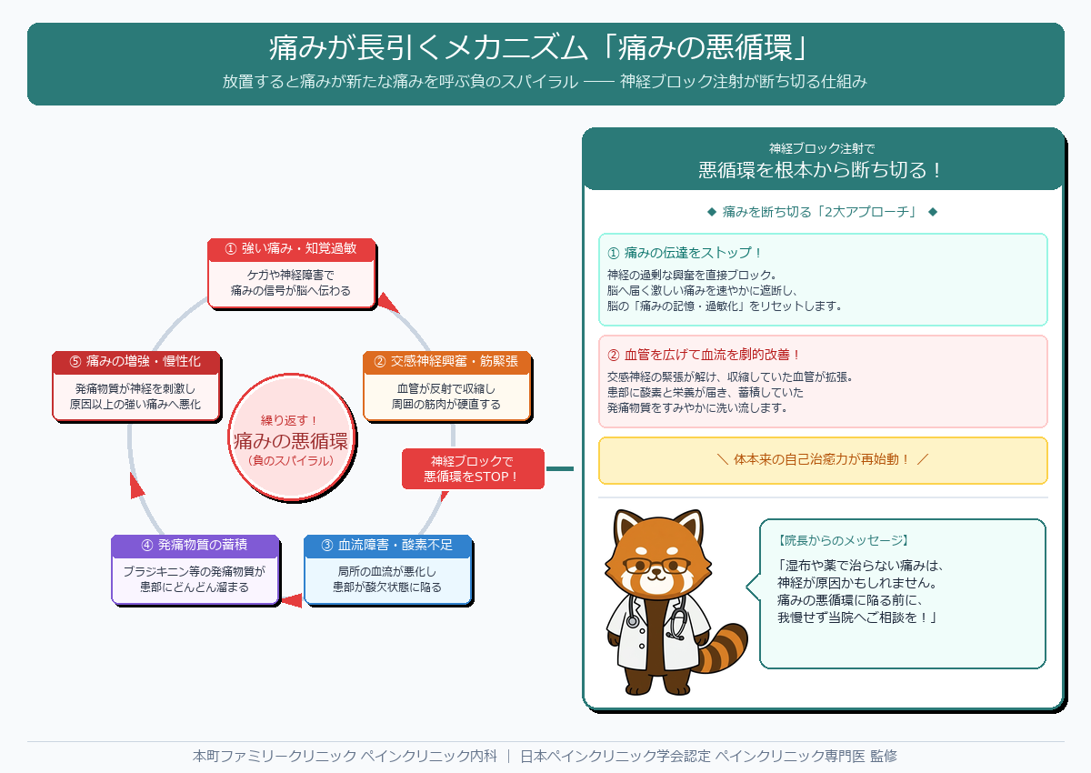 痛みの悪循環と神経ブロック注射で断ち切る仕組みの図解イラスト（本町ファミリークリニック監修）
